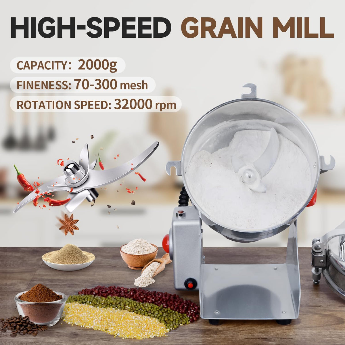 Goldtouch - Graanmolen, 2000 g, 3600 W, roestvrij staal, elektrische graanmolen, snelle sproeimachine voor gedroogde tarwe, haver, maïs, peper en koffiebonen