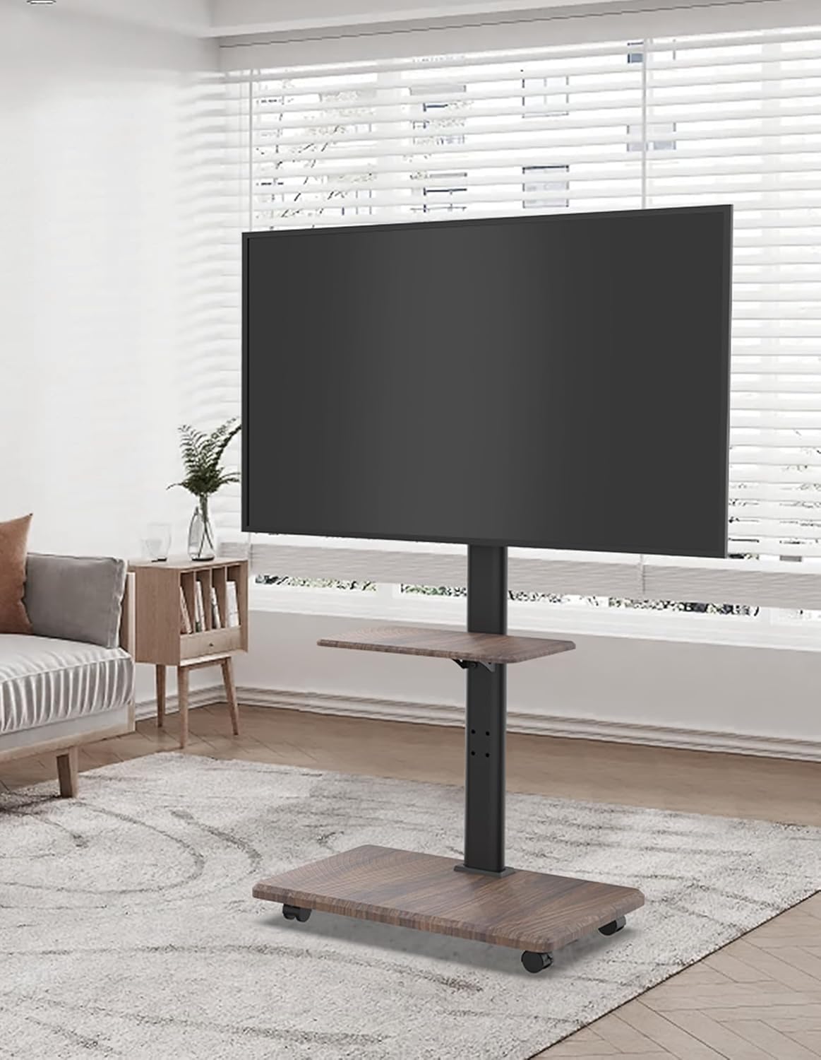 Mobiele Tv-standaard Met Houten Voet – Verrijdbare Tv-standaard – Tv-standaard Op Wielen – Tv-Trolley – Tv-Onderstel – Voor 32-70 Inch, Tot 45 Kg – In Hoogte Verstelbaar Tot Ca. 130 Cm, Draaibaar ±25 Graden