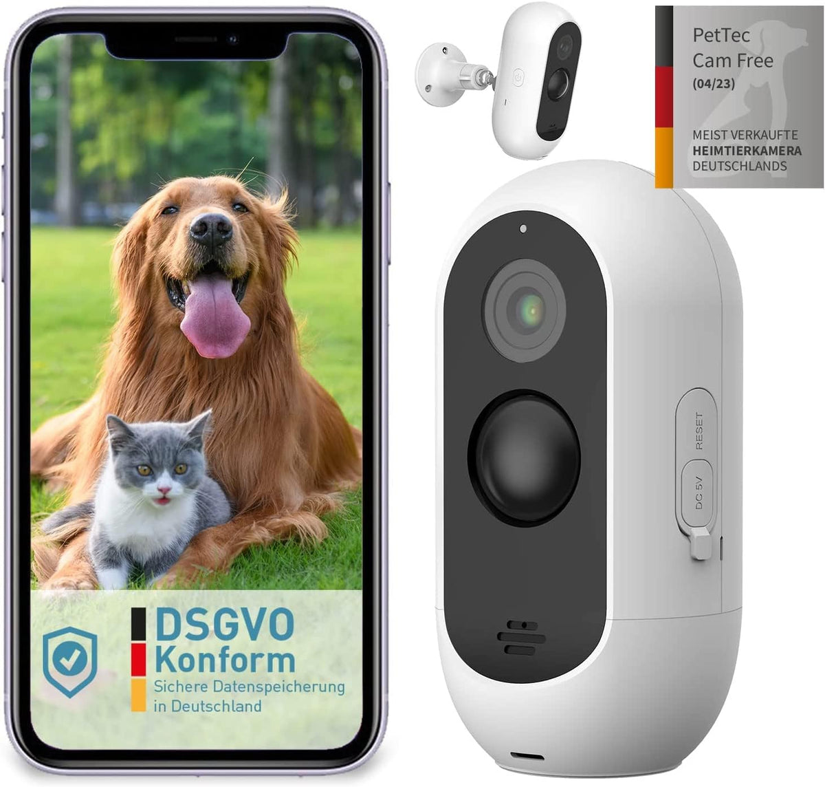 PetTec® Cam Free 2-delige set - Draadloze huisdiercamera hondencamera met app [ZONDER ABONNEMENT] - Katten & honden camera binnen/buiten - Bewegingsdetectie & spraakfunctie - Batterij tot 9 maanden