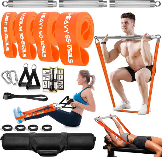 DASKING Resistance Bands Set with Detachable Exercise Bar, 4 Different Levels Pull-Up Bands - 500lbs Fitness Workout Bars Kit for Strength Training, Pilates, Yoga - Home Gym Sports System Equipment - QUORE
