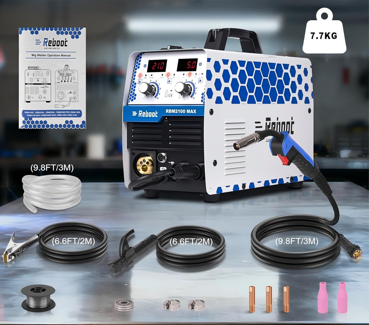 REBOOT 210A 6-in-1 MIG-laser, 220 V, gasloze flux core MIG/elektroden/lift TIG/puntlassen, aluminium multiproces met led-display, compatibel met spoel-gun, RBM2100 MAX