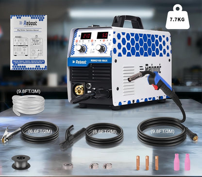 REBOOT 210A 6-in-1 MIG-laser, 220 V, gasloze flux core MIG/elektroden/lift TIG/puntlassen, aluminium multiproces met led-display, compatibel met spoel-gun, RBM2100 MAX