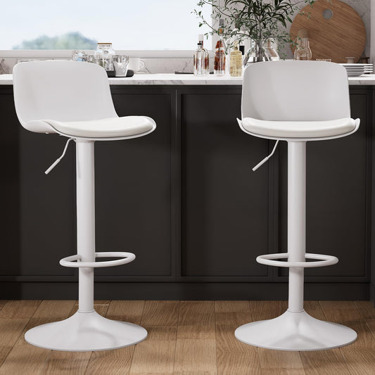 Kidol & Shellder Barkrukken, 2-delige set, wit, in hoogte verstelbare barkrukken met rugleuning, draaibare barstoelen, keukenkruk voor keuken en toonbank