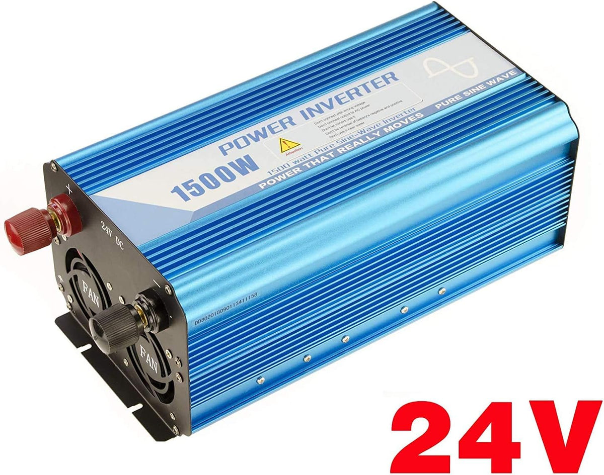 Kalea- Que. 1500 W sinus omvormer. Ingangsspanningsbereik 24 V, uitgangsspanning 220-240 V. Continu uitgangsvermogen 1500 W, piekuitgangsvermogen 3000 W.