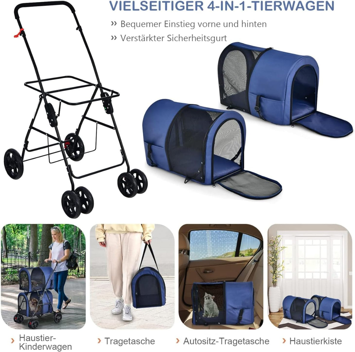 FANTASK Hondenwagen met 2 etages, met netvensters en bekerhouders, huisdierbuggy tot 16 kg, kattenbuggy voor 2 kleine honden en katten, hondenbuggy en aanhanger, blauw