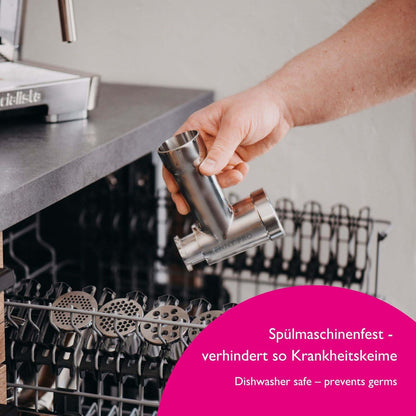 Kitty Professional vleesmolen “Shredder Pro 2.0” roestvrij staal incl. geperforeerde schijven, mes, worsthoorn, deeghulpstuk compatibel met Kitchen Aid, ideaal voor vlees en groenten