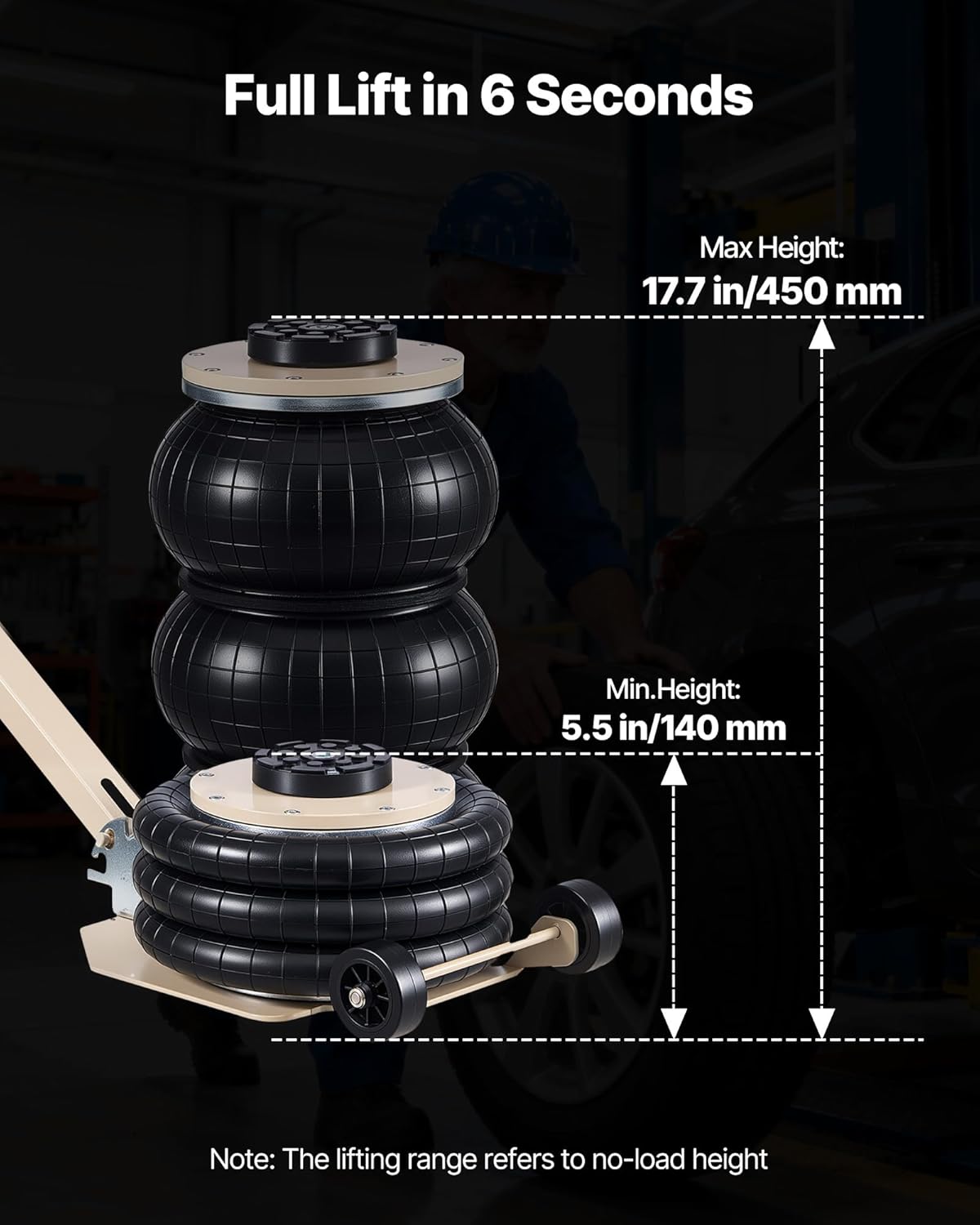 VEVOR Pneumatische garagekrik, 3T pneumatische krik met 6 stalen buizen en verstelbare handgreep, 140-450 mm hefhoogte, snellift, persluchtkrik, luchtkrik voor auto-SUV pickups