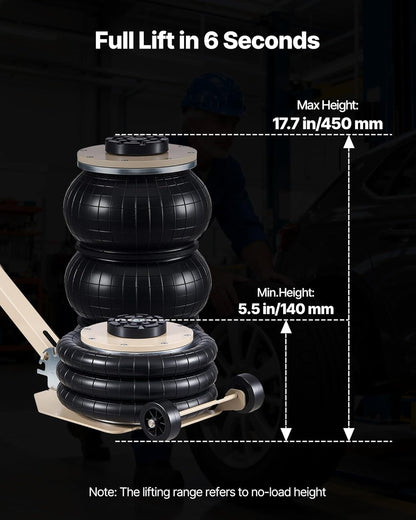 VEVOR Pneumatische garagekrik, 3T pneumatische krik met 6 stalen buizen en verstelbare handgreep, 140-450 mm hefhoogte, snellift, persluchtkrik, luchtkrik voor auto-SUV pickups