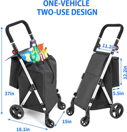 Boodschappentrolley, 4 wielen boodschappentrolley, 46L aluminium winkelwagentje, opvouwbare boodschappentrolley met geïsoleerde koeltas (zwart)