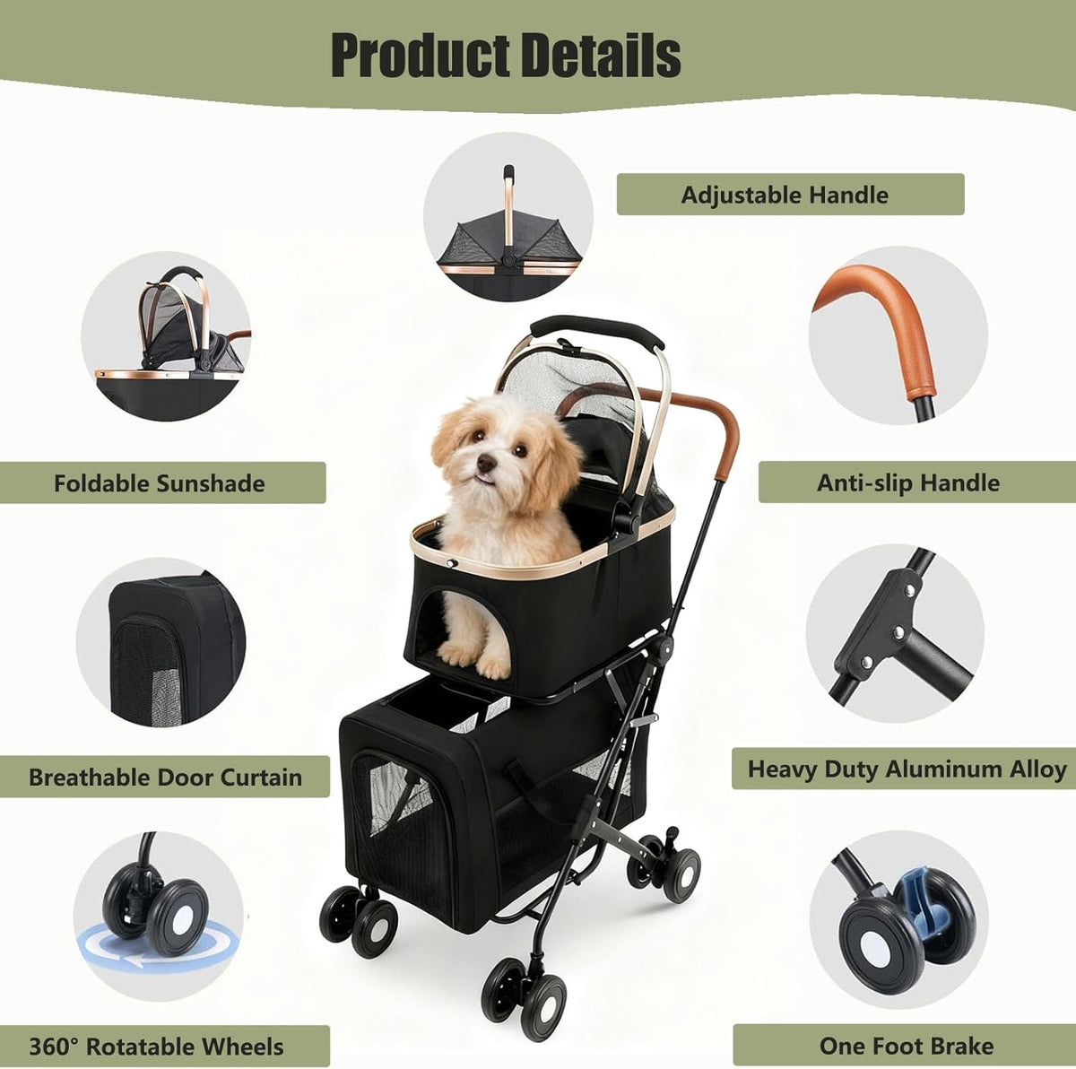 Hondenwandelwagen 2 lagen, opvouwbare huisdierbuggy voor kleine en middelgrote honden 10 kg, katten honden kinderwagen met veiligheidsgordel, ademend mesh 4 wielen, huisdierenwagen, reiskinderwagens