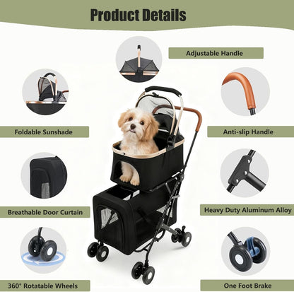 Hondenwandelwagen 2 lagen, opvouwbare huisdierbuggy voor kleine en middelgrote honden 10 kg, katten honden kinderwagen met veiligheidsgordel, ademend mesh 4 wielen, huisdierenwagen, reiskinderwagens