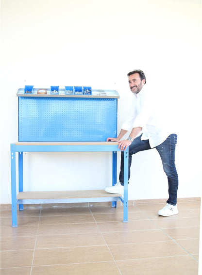Simon Rack Sterke Werkbank met Bovenplank en Geperforeerd Paneel, 1445x910x610 mm, 400 kg Draagvermogen, Metalen Frame en Houten Werkblad, Compleet voor Werkplaats, Grijs/Hout – BT3