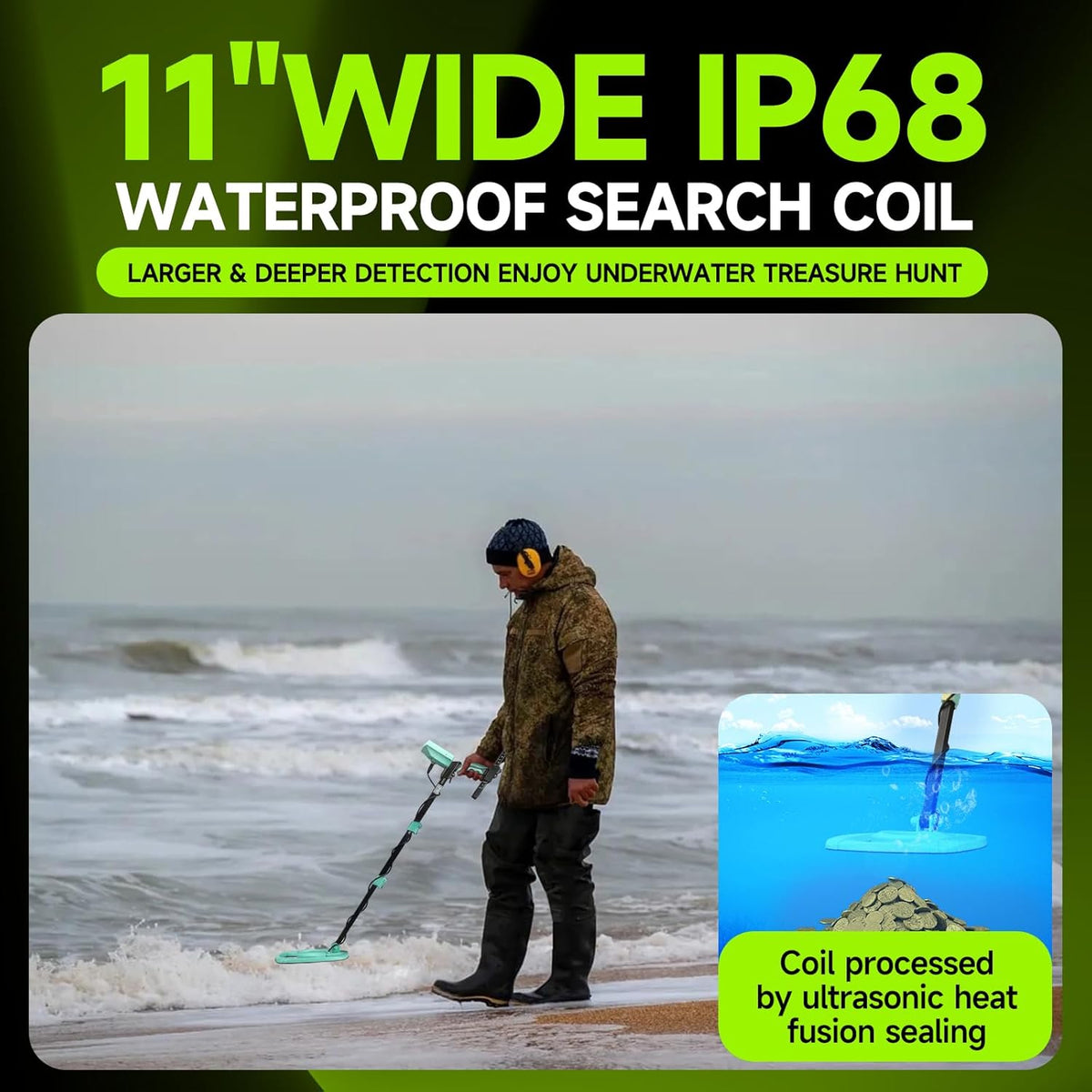 Metaaldetector met kleurenscherm, hogere nauwkeurigheid, instelbare waterdichte metaaldetectoren Pinpoint, 11 inch zoeken, ideaal voor goud, munten,
