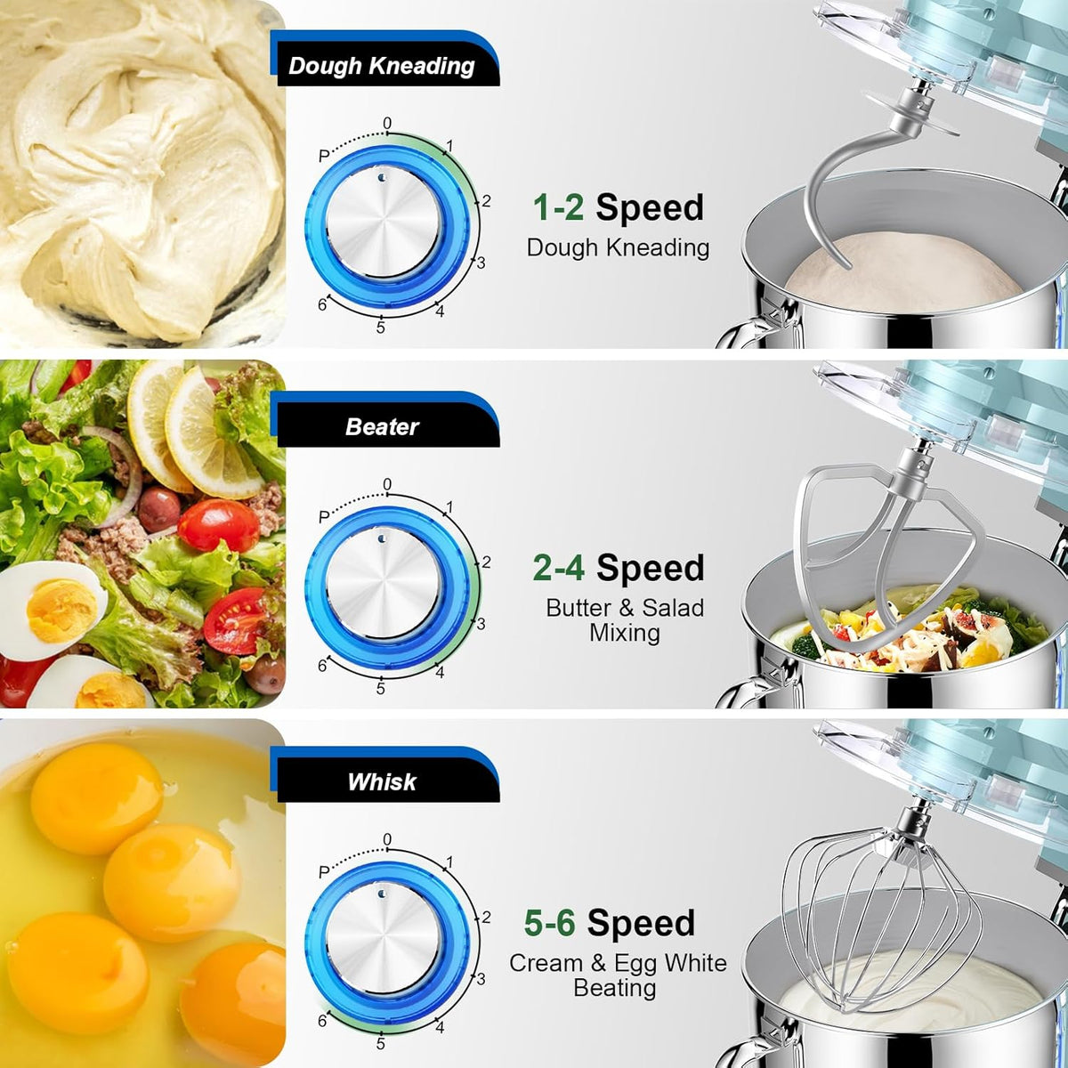 CHeflee Keukenmachine, 2000 W, krachtige kneedmachine, met kneed- en roerfunctie, 6 snelheden, geluidsarme deegkneedmachine, 8 liter, roestvrijstalen kom, kneedhaak en garde, stofhoes