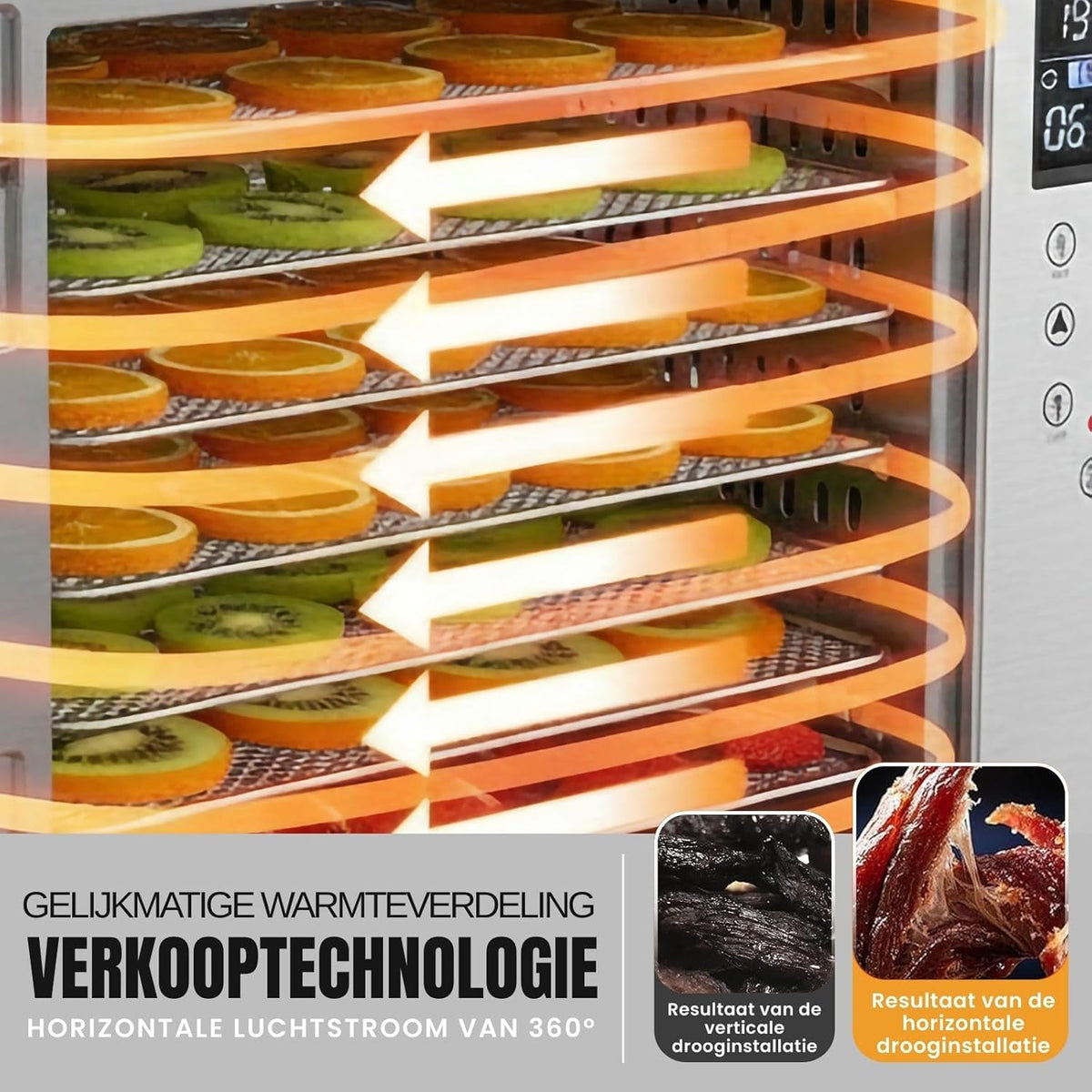 Voedseldroger van roestvrij staal, 6 tablets, 500 W, led-display, 30-90 °C, 24-uurs timer, stille werking, inclusief lekbak en droogmat voor fruit en vlees