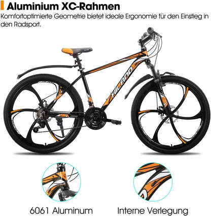 Hiland Mountainbike, 26 inch, voor volwassenen, 3/6 spaakfiets, 18 versnellingen, voor heren en dames, mountainbike, met dubbele schijfrem, 26 inch MTB aluminium frame