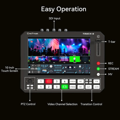 Videoswitcher – Videomixer – Livestream Switcher – Multicam Schakelaar – Broadcast Mixer – 6-Kanaals HDMI/SDI – 10,1 Inch Touchscreen Met PTZ-Camerabediening En Multi-View Monitoring