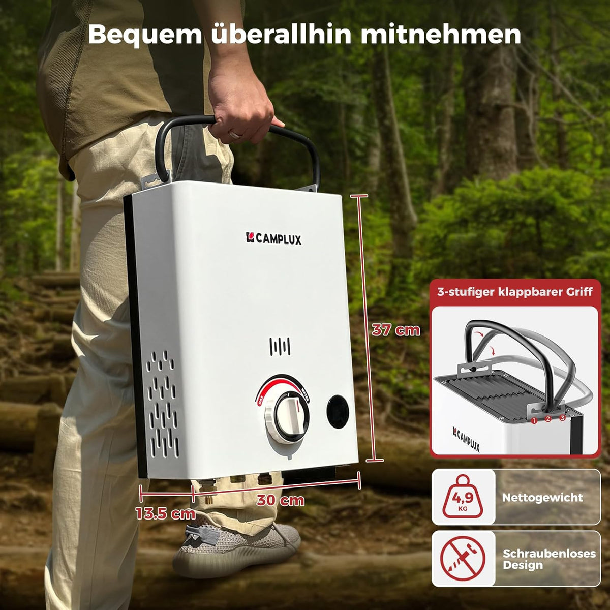 CAMPLUX First Gasdoorstroomboiler, 5 liter, met handgreep, LPG, 50 mbar, voor camperuitstapjes, campingdouche, F5-DE