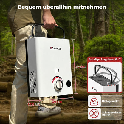 CAMPLUX First Gasdoorstroomboiler, 5 liter, met handgreep, LPG, 50 mbar, voor camperuitstapjes, campingdouche, F5-DE