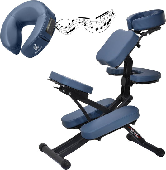 Master Massage Professionele inklapbare mobiele massagestoel behandelingsstoel van aluminium verstelbaar licht met muziekkussen Bluetooth transportkoffer, blauw, één maat