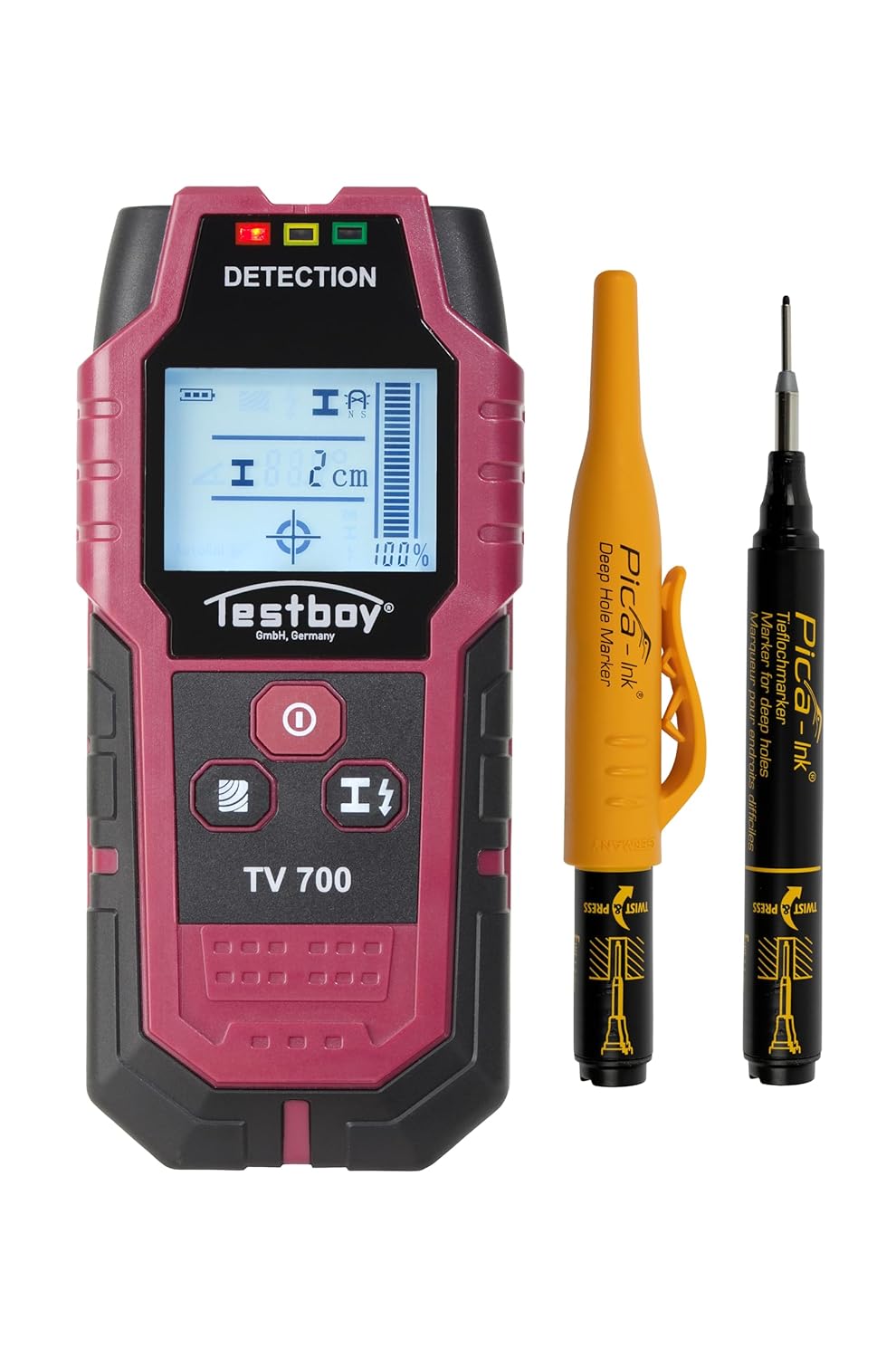 Testboy actieset TV 700 digitale wandscanner met PICA diepgatmarkering (digitale wandscanner, contrastrijk LCD-display, automatische kalibratie, hoge prestaties), rood/zwart