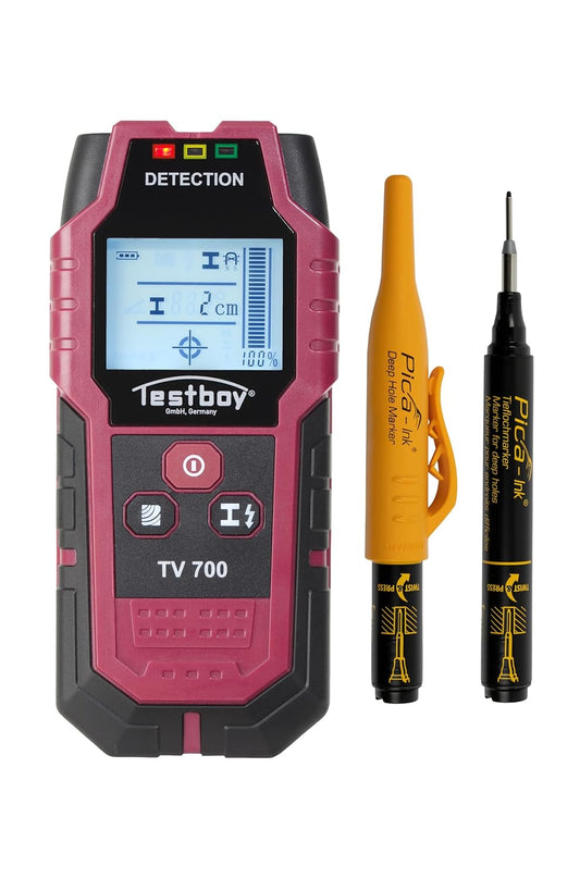 Testboy actieset TV 700 digitale wandscanner met PICA diepgatmarkering (digitale wandscanner, contrastrijk LCD-display, automatische kalibratie, hoge prestaties), rood/zwart