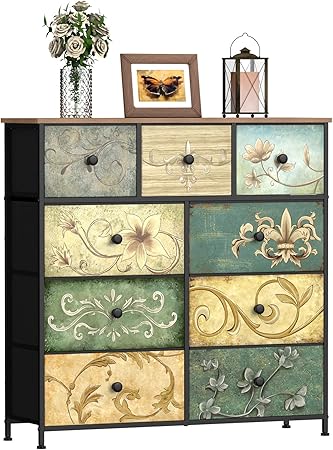Kast – Ladekast – Opbergmeubel – Dressoir – Commode – 9 Stoffen Lades – Stabiel Metalen Frame – Massief Houten Bovenblad – 99x30x100 cm - QUORE