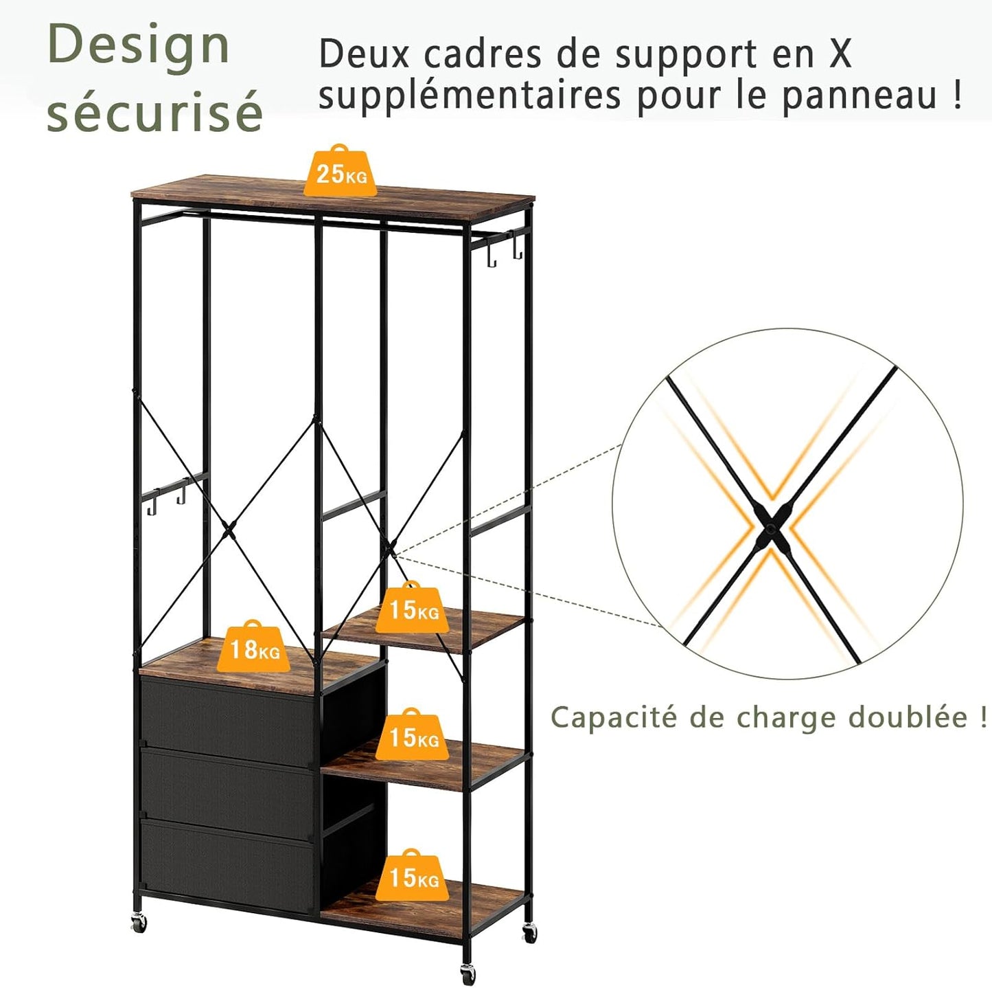 Kledingkast, Kledingrek, Verrijdbaar Kledingrek met Lades, voor Slaapkamer, Open Kledingkast voor Hangende Kleding, Hangrail, Verstelbare Planken, Haakjes, Stalen Frame, Rustiek Bruin