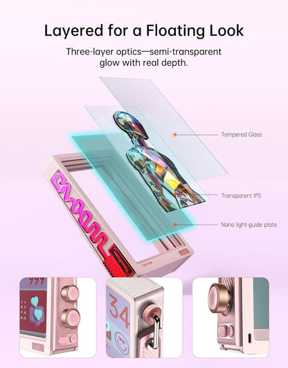 Divoom Times Frame Transparante digitale fotolijst (10,1 inch) met wifi en 64 GB, IPS-display met zwevend effect en RGB-draaiknop, 400+ wijzerplaten, widgets en pixel-art community (roze)
