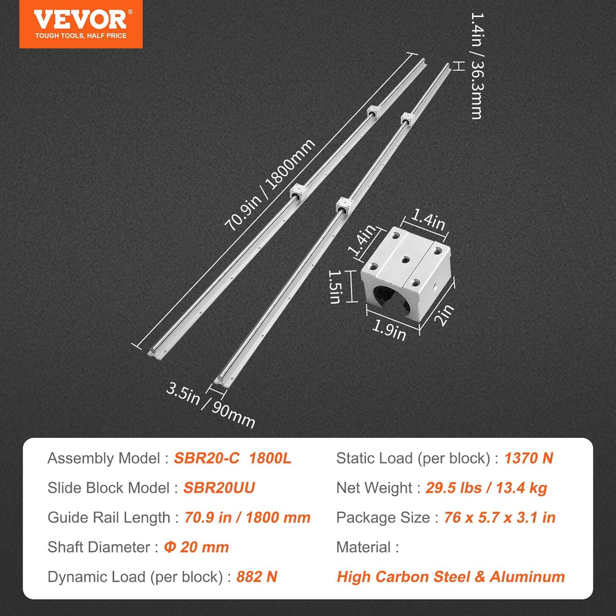 VEVOR Linear Guide Rail SBR20, 1800 mm, 2 Pieces, Linear Rail 1800 mm, 4 Pieces, Ball Bearings SBR20UU, Linear Bearing Glides Set for Automated Machines, CNC Routers, Lathes,