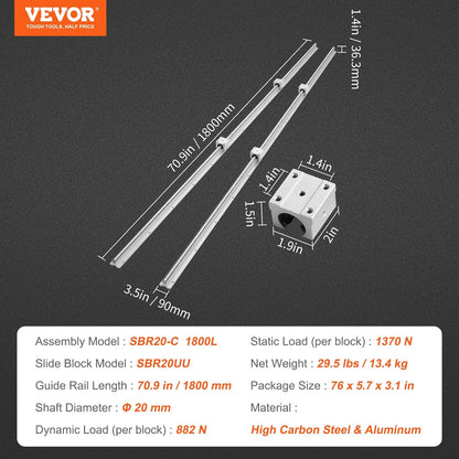 VEVOR Linear Guide Rail SBR20, 1800 mm, 2 Pieces, Linear Rail 1800 mm, 4 Pieces, Ball Bearings SBR20UU, Linear Bearing Glides Set for Automated Machines, CNC Routers, Lathes,