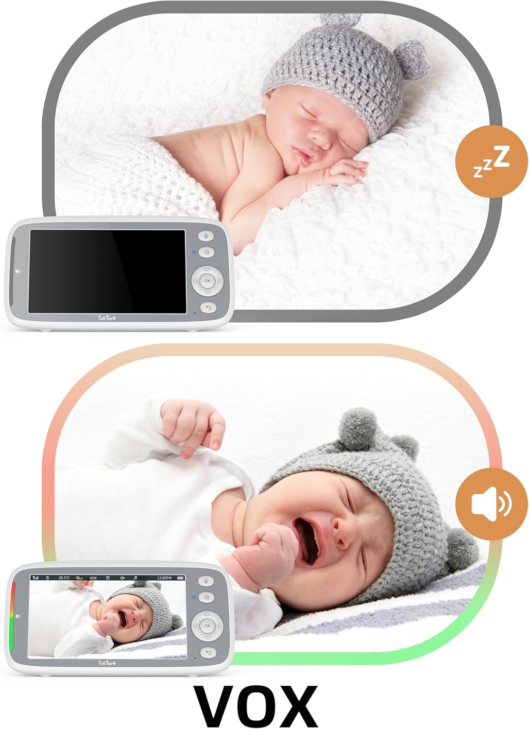 TakTark Babymonitor, 5 inch 720p IPS babymonitor, video en audio, 3050 mAh kindercamera met VOX-monitor, nachtzicht, bidirectionele gesprekken, temperatuuralarm