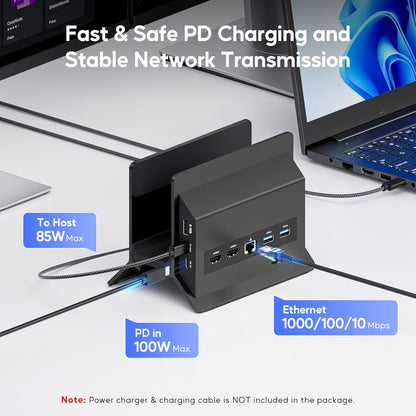 USB-C Docking Station Voor Dubbele Monitoren – Dockingstation – Laptop Dockingstation – USB-C Hub – Verticale Laptopstandaard Zwart – 2X HDMI 4K 60 Hz – 11-In-1 Met Ethernet En 100W PD