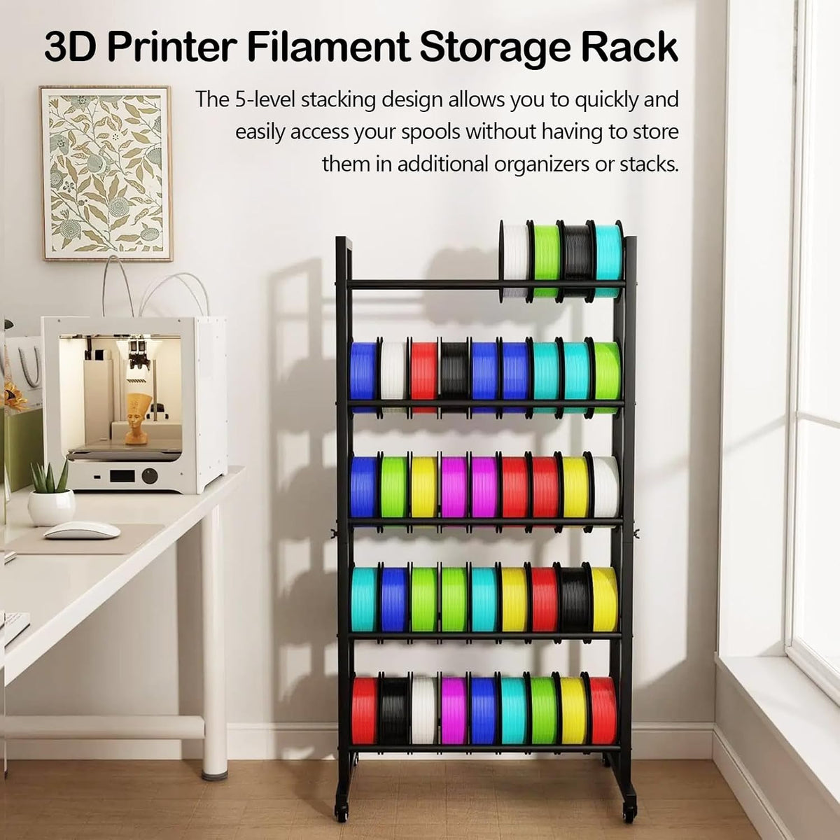 Filamenthouder 3D-printer – Filamentrek – Spoelhouder – Opbergrek – Filament Organizer – 5 Niveaus Metalen Rek – Draagvermogen 45 kg Per Niveau – Voor 40 Spoelen Tot 1 Kg
