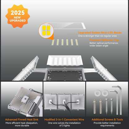 SOLLA Led-schijnwerper voor buiten, 600 W, ultra helder, 60.000 lumen, 6000 K, daglicht, wit, IP66 waterdicht, 3 heads outdoor floodlight, veiligheidsverlichting voor tuinen, patio's, straatgrijs