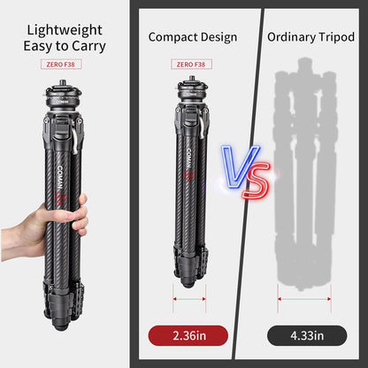 COMAN Zero F38 koolstofvezel statief met 360° panoramische kogelkop en F38 videostatief voor DSLR-camera's, lichtgewicht met hoogte