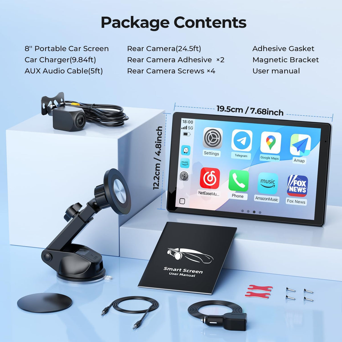 8'' Draagbaar autoscherm voor Apple CarPlay & Android Auto, 1440x900 HD-scherm, magnetische montage, OTA-updates, portret- en landschapsmodi, back-upcamera, Bluetooth, spraakbediening