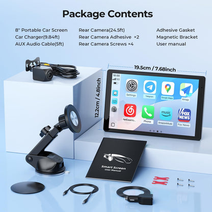 8'' Draagbaar autoscherm voor Apple CarPlay & Android Auto, 1440x900 HD-scherm, magnetische montage, OTA-updates, portret- en landschapsmodi, back-upcamera, Bluetooth, spraakbediening