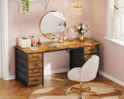 Coleshome Bureau met 8 Stoffen Laden, 140 x 48 cm, Bruin Bureau met Opbergruimte, Computertafel, Bureautafel, PC-Tafel, Kantoortafel voor Kantoor, Woonkamer, Thuiskantoor