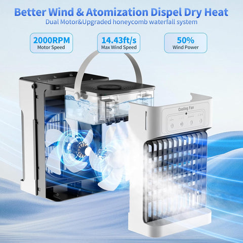 Mobiele Airco - Draagbare Airconditioning - Mini-Airconditioning - 1100ml - met Waterkoeling - 3 Luchtsnelheden - 3 Koelnevel - 2-8 uur Timer - 7 LEDS - voor Kamers - 17 x 15 x 27 cm - Wit/ Zwart