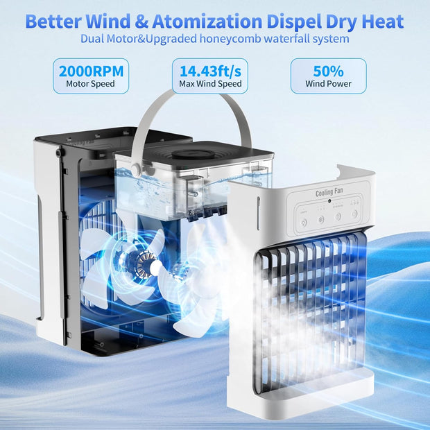 Mobiele Airco - Draagbare Airconditioning - Mini-Airconditioning - 1100ml - met Waterkoeling - 3 Luchtsnelheden - 3 Koelnevel - 2-8 uur Timer - 7 LEDS - voor Kamers - 17 x 15 x 27 cm - Wit/ Zwart