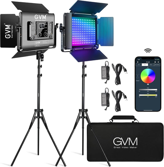 GVM Led-videolamp met statief, verpakking van 2 stuks, 680RS 50W RGB fotolicht, studiolichtpaneel met app-bediening, 3200K-5600K 8500Lux/0,5 m videolamp voor films, foto, studio, YouTube Streaming
