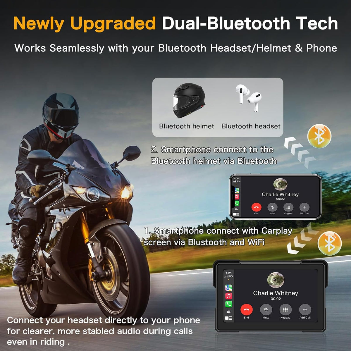 Moto Carplay Écran 7 Pouces Plus Grand 4K+1080P Double Caméra Dash Cam Moto Carplay Android Auto Écran Étanche Carplay Moto Écran GPS Navi Double-Bluetooth Commande Vocale Siri Carte 64GB