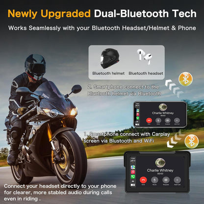 Moto Carplay Écran 7 Pouces Plus Grand 4K+1080P Double Caméra Dash Cam Moto Carplay Android Auto Écran Étanche Carplay Moto Écran GPS Navi Double-Bluetooth Commande Vocale Siri Carte 64GB