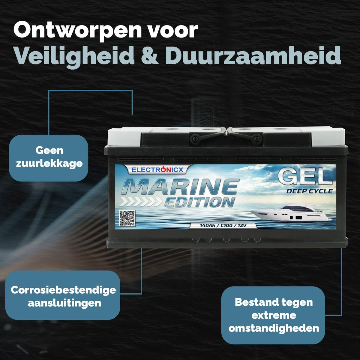 Electronicx GEL 12V 140Ah Marine Edition Deep Cycle accu – onderhoudsvrij en lekvrij – voor camper, boot, jacht – 393×175×190 mm – vrijetijdsaccu – pluspool rechts