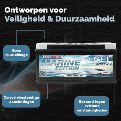 Electronicx GEL 12V 140Ah Marine Edition Deep Cycle accu – onderhoudsvrij en lekvrij – voor camper, boot, jacht – 393×175×190 mm – vrijetijdsaccu – pluspool rechts