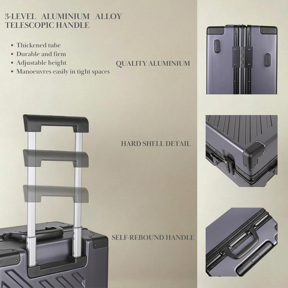 JLY Koffer van 100% polycarbonaat, ritssluiting, TSA-slot, 4 wielen, aluminium handgreep, licht, robuust, ideaal als handbagage of reiskoffer, antracietgrijs, M (65cm 60L), koffer