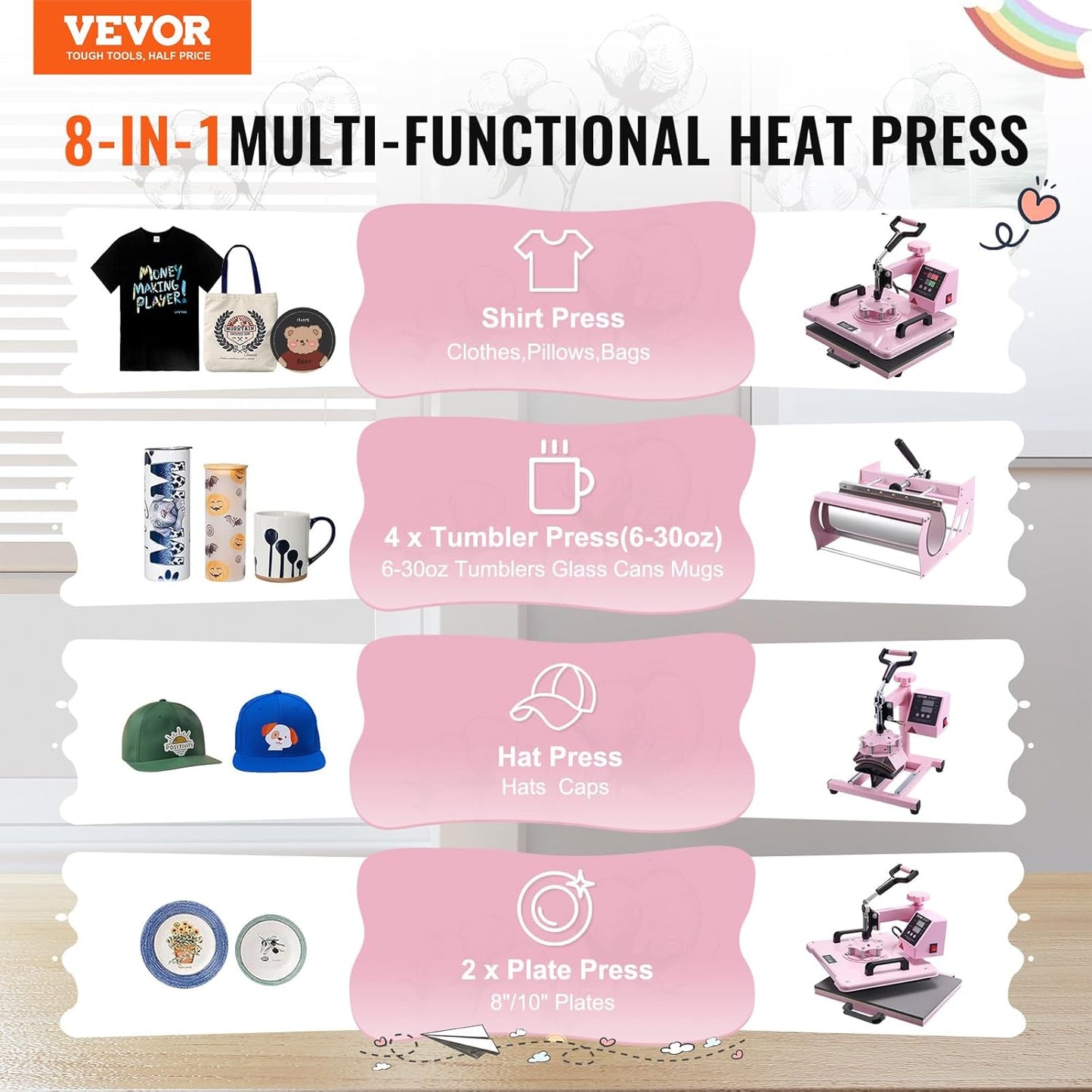 VEVOR 5-in-1 hittepers, dienblad 30 x 38 cm, textielsublimatiemachine met 89 cl bekerpers, 360 graden draaibaar, nauwkeurige digitale bediening, doe-het-zelf T-shirts/hoeden/kopjes/borden, roze