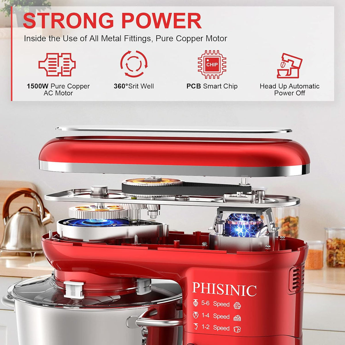 PHISINIC Keukenmachine kneedmachine 1500W deegmachine roermachine met 5,5 L roestvrijstalen kom 6 snelheden geluidsarme deegkneedmachine incl. 3-delige patisserieset en spatbescherming, rood