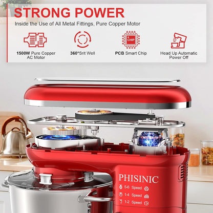 PHISINIC Keukenmachine kneedmachine 1500W deegmachine roermachine met 5,5 L roestvrijstalen kom 6 snelheden geluidsarme deegkneedmachine incl. 3-delige patisserieset en spatbescherming, rood